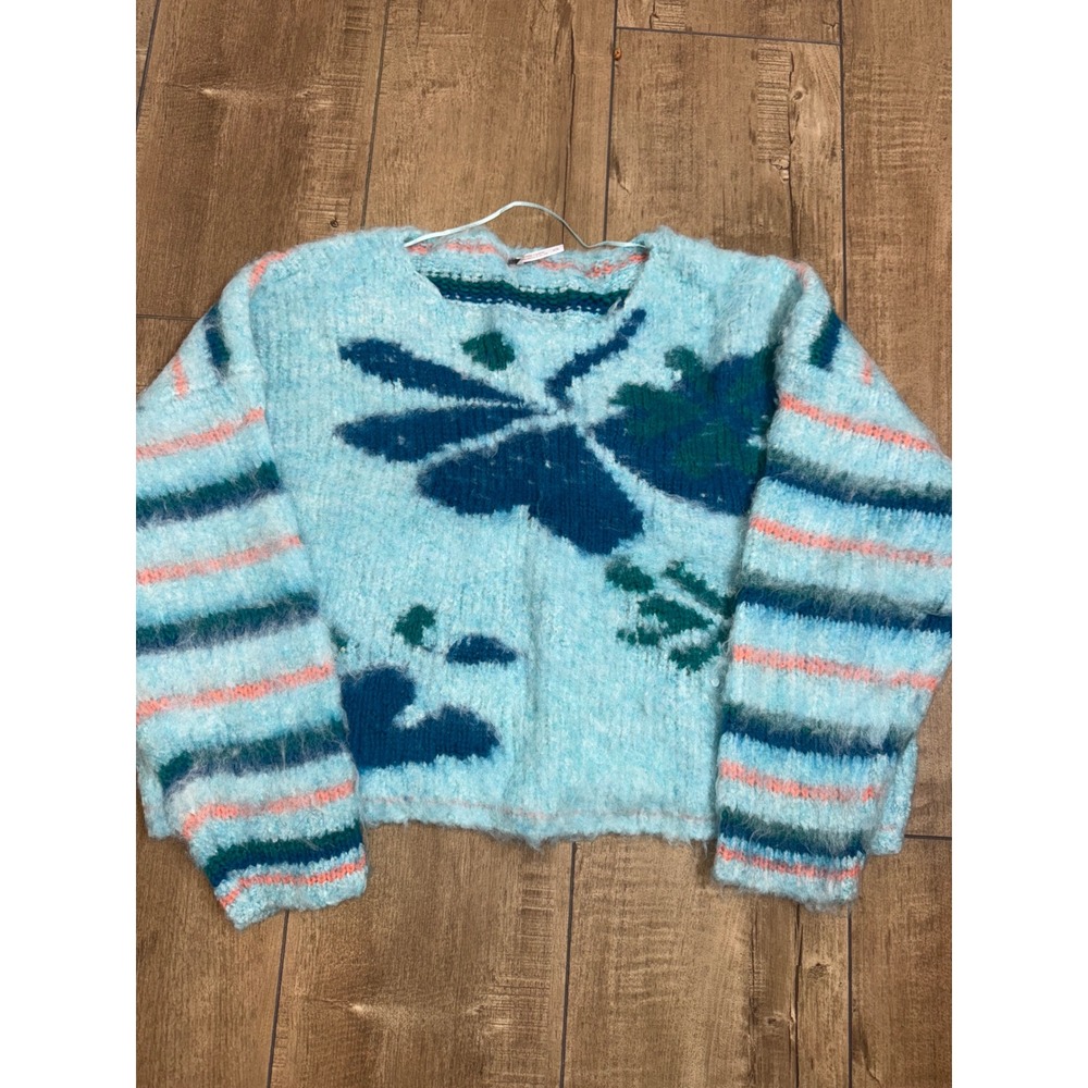 Free People Dragonfly Cloud Knit Pullover Sweater Size S Blue Green Pink Striped